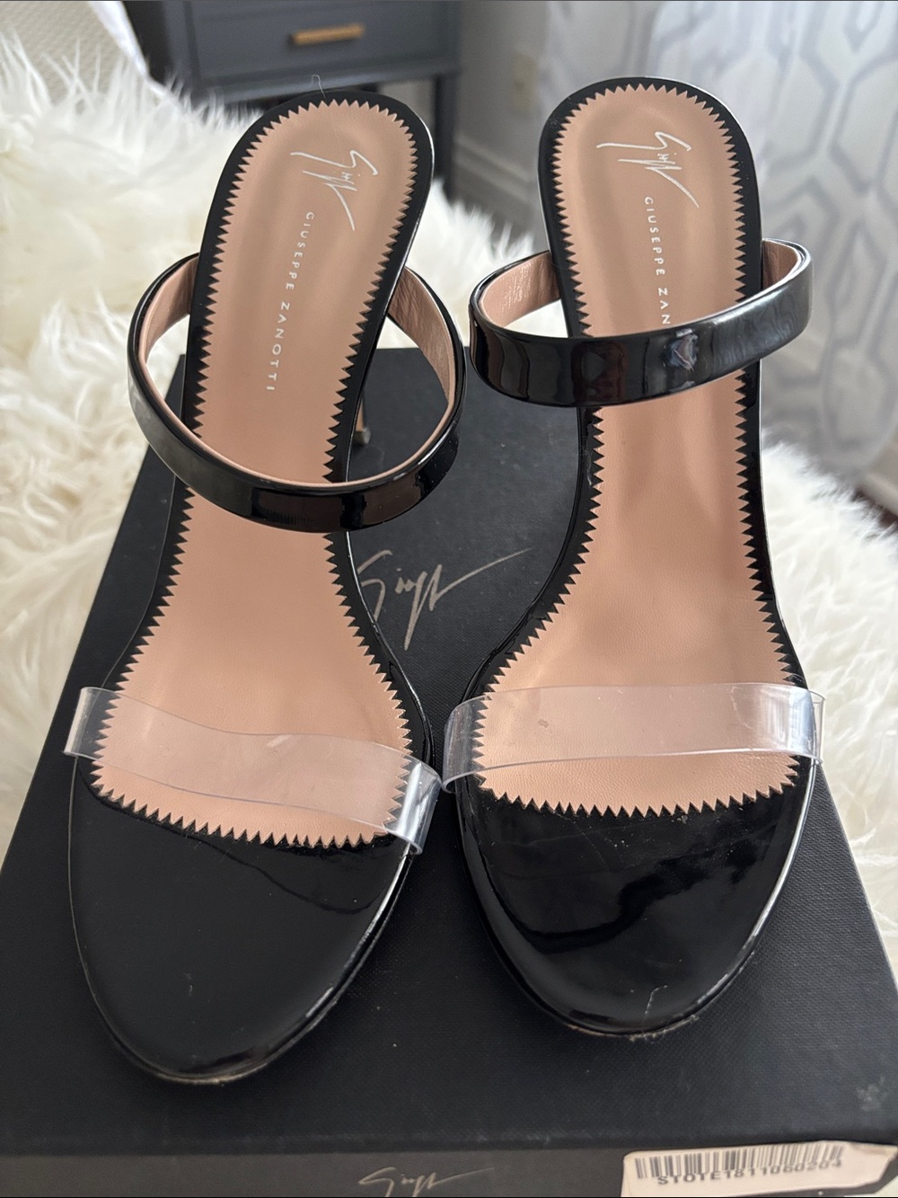 Giuseppe Zanotti Black Patent Sandals with Clear Straps